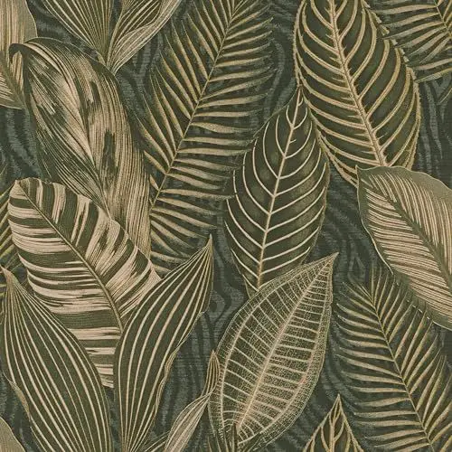 Produktbild: Rasch Tapete 751826 - Grüne Vliestapete mit großen Blättern in Grün und Gold Metallic aus der Kollektion African Queen III