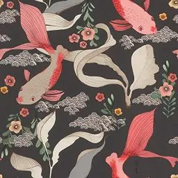 Produktbild: Rasch Tapeten 539851 - Vliestapete mit Koi-Karpfen in Rosé und Pflanzen in Grün auf schwarzem Hintergrund mit textiler Struktur aus der Kollektion Amazing -10,05m x 53cm (LxB) Schwarz