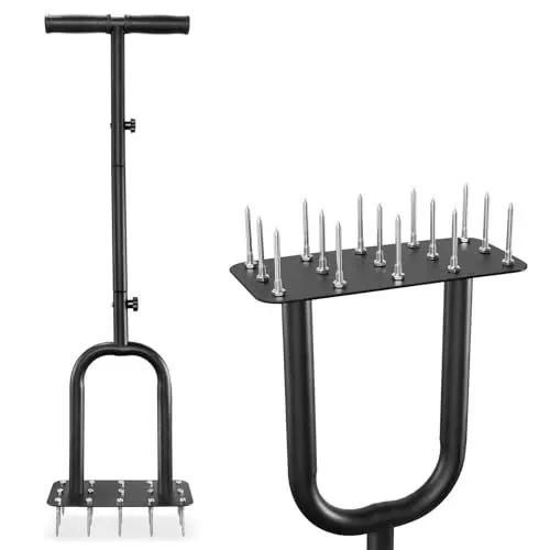 Produktbild: Rasenbelüfter mit 15 Stahlnägeln, Rasenlüfter, Aerifizierer für Rasen, Vertikutierer T-Griff, Aerifizierer Rasen Belüften mit 5.6cm massiven Stahlspikes für Rasenpflege