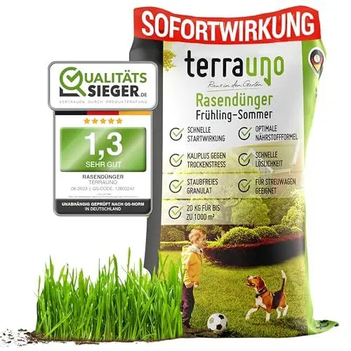 Produktbild: TerraUno Rasendünger Frühjahr/Sommer I Sofortwirkung für saftiges grün I 20 kg für 1000 m² I gesunder Rasen verdrängt Moos und Unkraut I NPK Dünger Rasen I Gegen Trockenstress I Für den Streuwagen