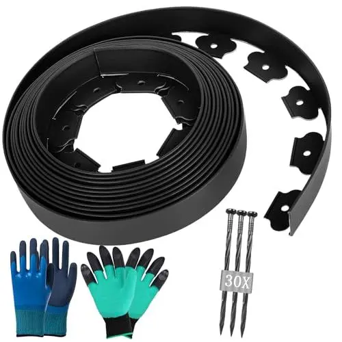 Produktbild: Rasenkante Kunstoff 10m - Flexible Lawn Edging mit 30 Erdanker +2 Paar Handschuhe beeteinfassung Kunststoff,Gartenzaun Beetumrandung Rasenbegrenzung Lawn Border
