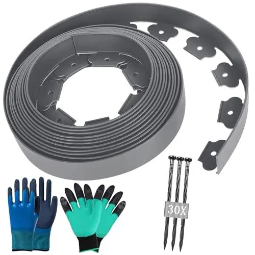 Produktbild: Rasenkante Kunstoff 10m - Flexible Lawn Edging mit 30 Erdanker +2 Paar Handschuhe beeteinfassung Kunststoff,Gartenzaun Beetumrandung Rasenbegrenzung Lawn Border (Länge 10m - Höhe 5cm, Grau)