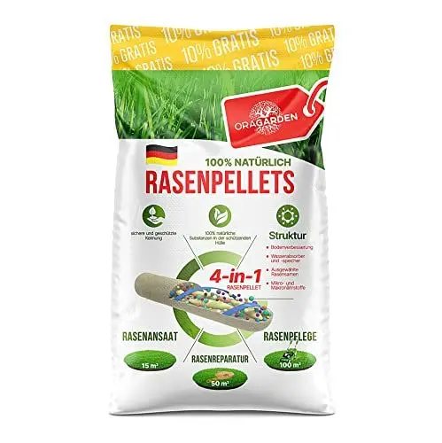 Produktbild: Rasenpellets Dürreresistenten für Schnellkeimenden Rasen - 1,4 kg - Rasensamen für Robusten und Widerstandsfähigen Rasen - Rasensaat zur Ansaat und Nachsaat für Sportrasen – Geeignet für Schatten