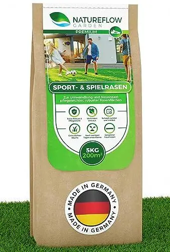 Produktbild: Rasensamen Sport und Spielrasen 5kg - Extra Robuster, Schnell wachsender Rasen - Rasensaat Spiel- und Sportrasen Made in Germany - Premium Grassamen schnellkeimend