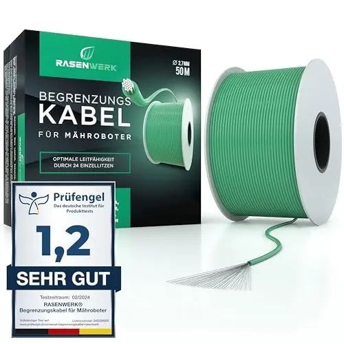 Produktbild: RASENWERK® - 50m Universal Begrenzungskabel für Mähroboter - Begrenzungsdraht für Rasenmäher - Draht aus verzinntem Kupfer - Rasenroboter Zubehör - Ø2,7mm - 50m