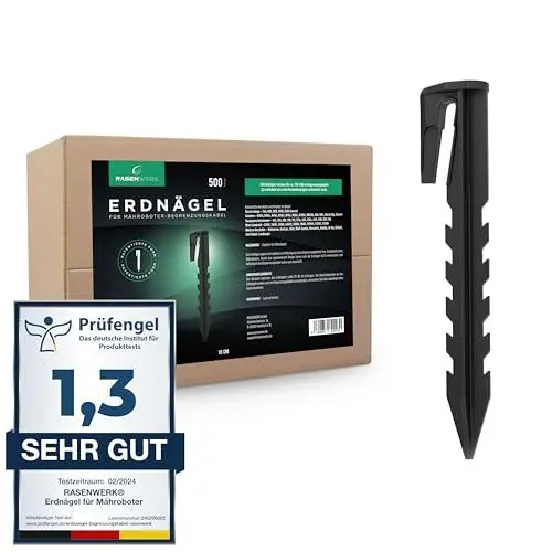 Produktbild: RASENWERK® - Erdnägel für Mähroboter Begrenzungskabel - 500 Stück - Erdanker mit patentierter Form - Erdspieße für Begrenzungsdraht - Kompatibel mit Gardena, Husqvarna, Worx, Bosch, AL-KO