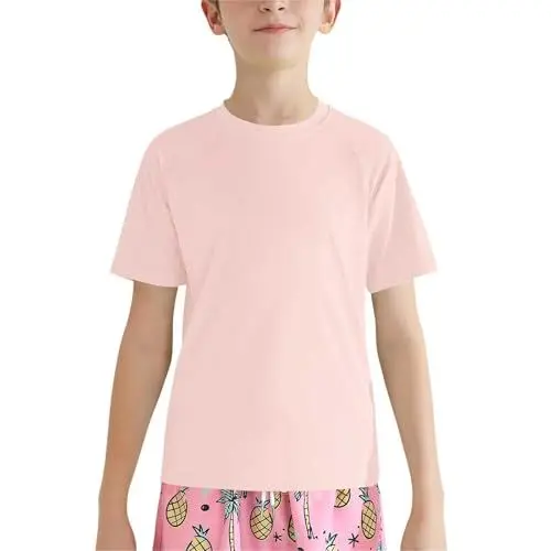 Produktbild: Rashguard T Shirt Mädchen Junge Kurzarm Schwimmshirts T-Shirt Kinder Rundhals zum Angeln Surfen Wasser Strand Laufen Workout Oberteile Einfarbig Atmungsaktiv (Pink, 11-12 Years)