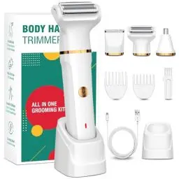 Produktbild: Rasierer Damen, 3-in-1 Intimrasierer für Frauen für Beine, Arme, Achseln und Bikinizone, Wiederaufladbar mit USB-Ladestation, Wasserdicht für Nass- und Trockenanwendung Damenrasierer Elektrisch, Weiß