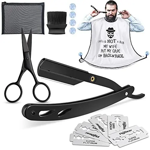 Produktbild: Rasiermesser Herren, 14 IN 1 Barber Rasiermesser Set mit 5 Wechselklingen, Bartschere Nasenhaar Schere, Bart Lätzchen + 4 Saugnäpfen/Bürste, Etui, Bartschürze Rasier Messer für präzise Bart-Nassrasur