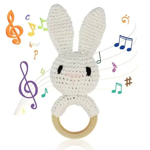 Produktbild: Rassel Baby, Reine Handarbeit Greifling Baby Personalisiert, Baby Beruhigen Baby Rassel, Baby Rassel Holz Geeignet für Babys ab 0 Monaten (White Rabbit)