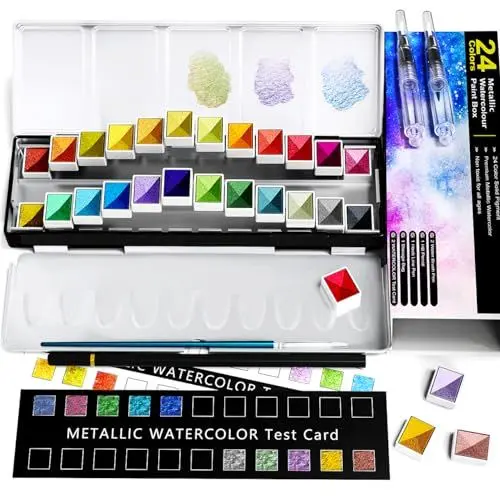 Produktbild: RATEL Metallic-Aquarell-Farbset, Solid Aquarell-Farbkasten, 24 Farben Glitter Solid Pigment, löslich und gut mischbar, für Kinder, Anfänger und Profi