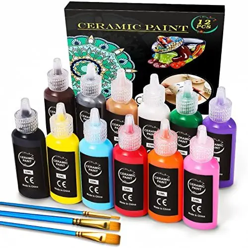 Produktbild: RATEL Porzellanfarbe Set, 12 x 22 ml Wasserdicht Keramikfarben + 3 Pinselstift, Ideale Keramikfarben zum Bemalen von DIY-Bechern, Tassen, Tellern, Keramik, Hohe Abdeckung Acrylfarbense