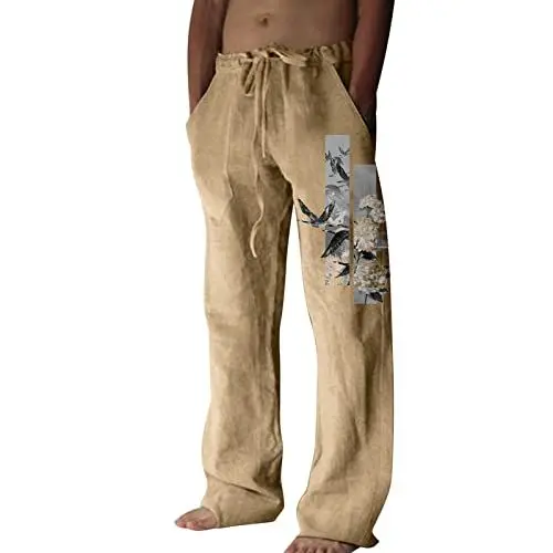 Produktbild: ratenzahlungbei Leinenhose Herren, Leicht Weite Sommerhose Herrenhosen mit Kordelzug und Seitentaschen Luftig Loose Baumwollehosen Freizeithose Strandhosen Blumene Summer Pants Schlupfhose