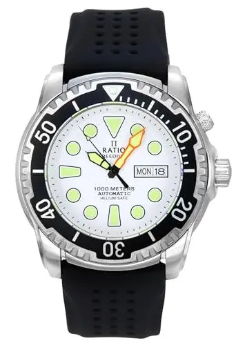 Produktbild: RATIO FreeDiver Heliumsichere Taucheruhr Mit Saphirglas - Automatisch, 1000M Wasserdicht für Herren, Weiß - Neues Design, Casual