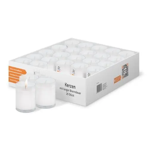 Produktbild: ration1.de 25 Kerzen, Teelichter groß, 24 Stunden Brenndauer, weiß, transparent, Lichter Set unparfümiert, in Glas aus Kunststoff klar, ohne Duft, rußfrei, Deko für Innen & Außen, Gastro, Party
