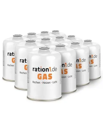 Produktbild: ration1 Camping Gaskartuschen Schraubventil 12 x 450g, EN 417 Gewinde, Gaskartuschen Campingkocher Schraubverschluss, Butan Propan Gas, Gas Kartusche für den Gaskocher, Urlaub, Notfall