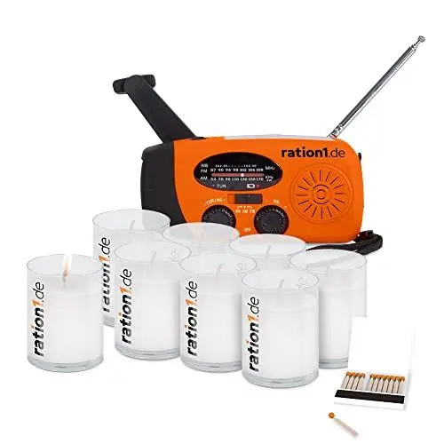 Produktbild: ration1 Notfallpaket Stromausfall Kurbelradio, 8 Kerzen, Streichhölzer - Notfall Kurbel Radio mit Lampe, Solarzelle, Dynamo - UKW Notfallradio - Blackout Notfallausrüstung - Stromausfall Notfallset