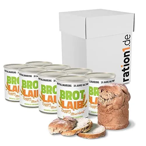 Produktbild: ration1 Dosenbrot Roggen-Mischbrot 8 x 350g, abgepacktes Brot in der Dose 10 Jahre haltbar, vegan & laktosefrei, einfach öffnen & genießen, ideal als Camping Essen, für Festival, Outdoor, Survival Kit