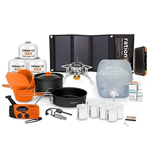 Produktbild: ration1 Stromausfall-Paket Klassik, komplettes Notfallset für Stromausfall oder Blackout, Zündstahl, Gaskocher, Topfset, Wasser desinfizieren & konservieren, Powerbank, Solarpanel, Kurbelradio, Kerzen