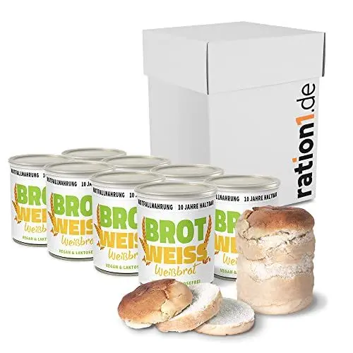 Produktbild: ration1 Weißbrot 8 x 275 g, Dosenbrot 10 Jahre haltbar, Brot in der Dose, Toastbrot, vegan, laktosefrei, Notfallnahrung, Langzeitnahrung, Camping Essen, Festival Zubehör, Outdoor Ausrüstung