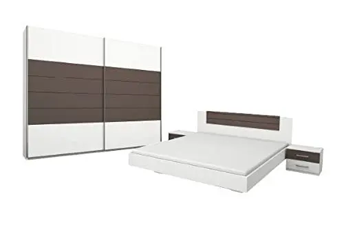 Produktbild: Rauch Möbel Barcelona Schlafzimmer, Weiß / Lavagrau, bestehend aus Bett mit Liegefläche 180x200 cm inklusive 2 Nachttische und Schwebetürenschrank BxHxT 226x210x62 cm