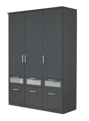 Produktbild: Rauch Möbel Bochum Schrank Kleiderschrank Drehtürenschrank 3-türig mit 6 Schubladen, Grau Metallic / Milchglas, Schwarz, BxHxT 136x199x56 cm