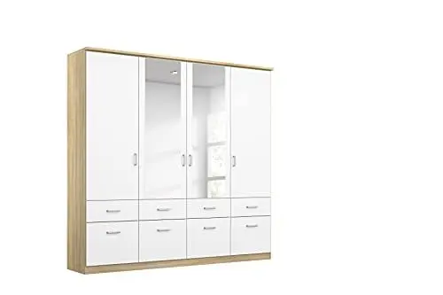 Produktbild: Rauch Möbel Bremen Schrank Drehtürenschrank Kleiderschrank Weiß/Eiche Sonoma, Holz, Spiegel und 8 Schubladen 4-türig, inkl. Zubehörpaket Basic 1 Kleiderstange, 4 Einlegeböden BxHxT 181x199x58 cm