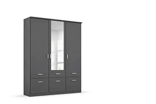 Produktbild: Rauch Möbel Bremen Schrank Drehtürenschrank Kleiderschrank in Grau Metallic, Schwarz, Spiegel und 6 Schubladen 3-türig, mit Zubehörpaket Basic 2 Kleiderstangen, 2 Einlegeböden BxHxT 136 x 199 x 58 cm