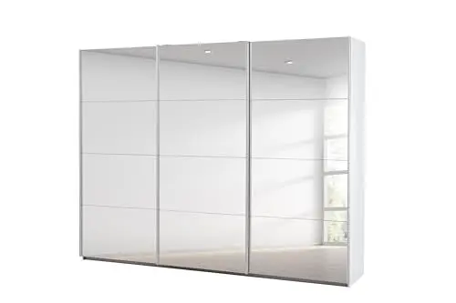 Produktbild: Rauch Möbel Caracas Schrank Kleiderschrank Schwebetürenschrank, Weiß mit Spiegel, 3-trg., inkl. Zubehörpaket Classic 3 Kleiderstangen, 5 Einlegeböden, 1 Hakenleiste, BxHxT 271x210x62 cm