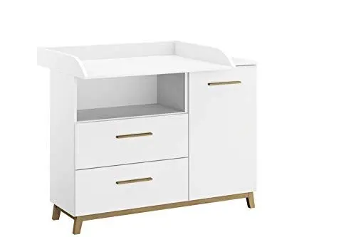 Produktbild: Rauch Möbel Carlsson Wickelkommode, Kommode, abnehmbarer Wickelaufsatz in Weiß, Griffe/Füße Eiche Massiv, 1-türig mit 2 Schubladen, BxHxT 116x98x79 cm
