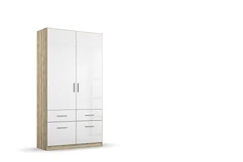 Produktbild: Rauch Möbel Celle Schrank Drehtürenschrank in Eiche Sanremo hell / Hochglanz Weiß, 2-türig mit 4 Schubladen, inkl. Zubehörpaket Basic 1 Kleiderstange 2 Einlegeböden, BxHxT 91x197x54 cm
