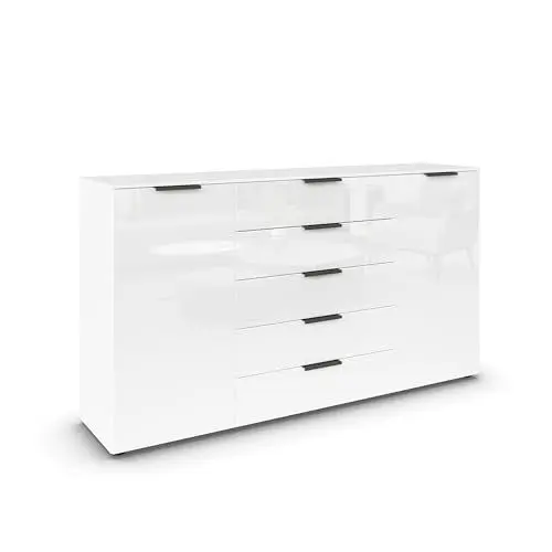 Produktbild: Rauch Möbel Flipp, Kombikommode, Kommode mit Stauraum für Wohnzimmer, Schlafzimmer, Flur, 4 Fachböden, Alpinweiß/Glasfront Weiß, 2-türig, Glastüren, 5 Schubkästen, Griffe graphit, 180x100x42cm