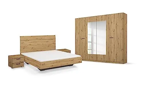Produktbild: Rauch Möbel Florenz Schlafzimmer, Eiche Artisan, Holz, bestehend aus Bett mit Liegefläche 160x200 cm inklusive 2 Nachttische und Drehtürenschrank mit Spiegel BxHxT 226x210x54 cm
