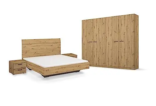 Produktbild: Rauch Möbel Florenz Schlafzimmer, Eiche Artisan, Holz, bestehend aus Bett mit Liegefläche 180x200 cm inklusive 2 Nachttische und Drehtürenschrank BxHxT 226x210x54 cm