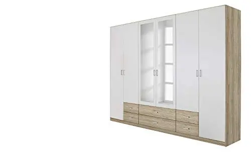 Produktbild: Rauch Möbel Gamma Schrank Drehtürenschrank Kleiderschrank in Eiche Sanremo hell und Weiß mit Spiegel 6-türig, inklusive Zubehörpaket Basic 3 Kleiderstangen, 3 Einlegeböden BxHxT 271 x 210 x 54 cm