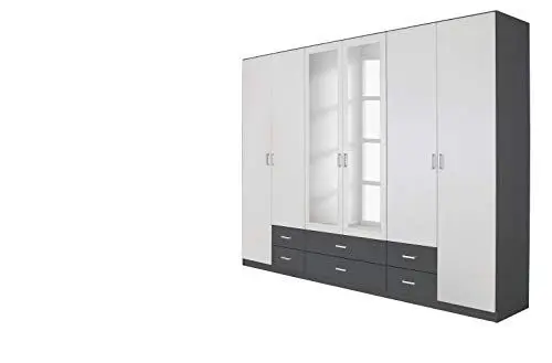 Produktbild: Rauch Möbel Gamma Schrank Drehtürenschrank Kleiderschrank in Grau Metallic/Weiß, Schwarz, Spiegel, 6-türig, 6 Schubladen, mit Zubehörpaket Basic 3 Kleiderstangen, 3 Böden BxHxT 271 x 210 x 54 cm