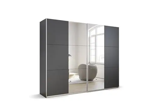 Produktbild: Rauch Möbel Kronach Schrank Schwebetürenschrank, 2-türig, Grau metallic, Schwarz, mit 2 Spiegel, inkl. Zubehörpaket Basic 3 Kleiderstangen 3 Einlegeböden, BxHxT 261x210x59 cm