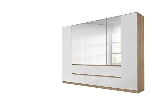 Produktbild: Rauch Möbel Mainz Schrank Kleiderschrank Drehtürenschrank Weiß/Eiche Sonoma, Holz, 6-türig Spiegel, 4 Schubladen inkl. Zubehörpaket Basic 4 Einlegeböden, 4 Kleiderstangen, grifflos BxHxT 271x210x54 cm