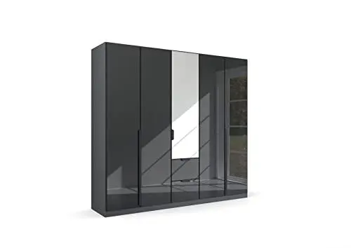 Produktbild: Rauch Möbel Modern by Quadra Spin Schrank Drehtürenschrank, Grau metallic/Glas basalt, Schwarz, 5-trg. mit Spiegel, inkl. 3 Kleiderstangen, 3 Einlegeböden, 2 Schubladen, BxHxT 226x210x54 cm