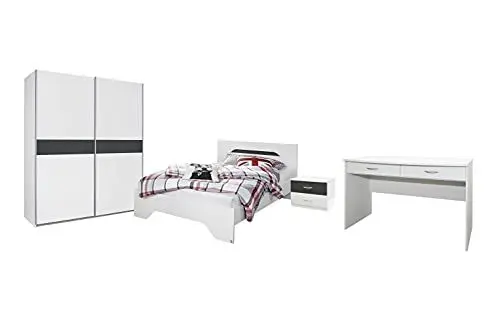 Produktbild: Rauch Möbel Noosa, 4-teiliges Schlafzimmer-Set, Komplettschlafzimmer bestehend aus Drehtürenschrank, Bett, Nachttisch und Schreibtisch, Farbe Alpinweiß/Grau metallic, 0x0x0cm