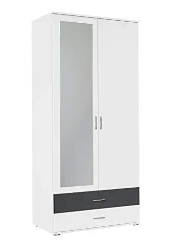 Produktbild: Rauch Möbel Noosa Schrank Drehtürenschrank, Weiß/Grau metallic, Schwarz, 2-türig mit Spiegel und 2 Schubladen, inkl. Zubehörpaket Basic 1 Kleiderstange, 1 Einlegeboden BxHxT 85x188x52 cm