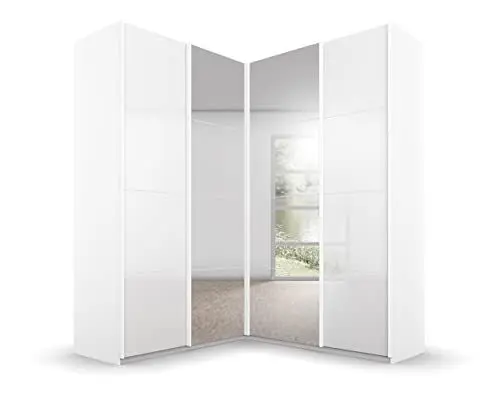 Produktbild: Rauch Möbel Quadra Schrank Eckschrank Schwebetürenschrank, Hochglanz Weiß / Weiß, 4-trg. mit Spiegel, inkl. 2 Kleiderstangen, 12 Einlegeböden, 3 Schubkästen, BxHxT 181x229x187 cm