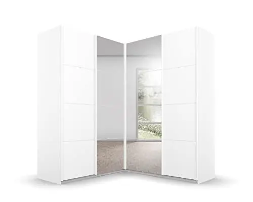 Produktbild: Rauch Möbel Quadra Schrank Eckschrank Schwebetürenschrank, Weiß, 4-trg. mit Spiegel, inkl. 2 Kleiderstangen, 12 Einlegeböden, BxHxT 181x210x187 cm