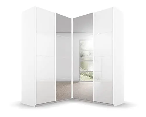 Produktbild: Rauch Möbel Quadra Schrank Eckschrank Schwebetürenschrank, Weiß, 4-trg. mit Spiegel, inkl. 2 Kleiderstangen, 12 Einlegeböden, BxHxT 181x229x187 cm