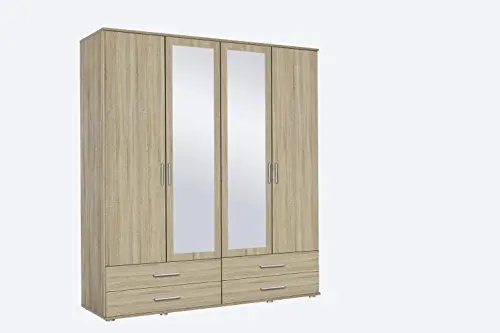 Produktbild: Rauch Möbel Rasant, Schrank Drehtürenschrank mit Spiegel inklusive 4 Schubladen, 4-türig, Zubehörpaket Basic 2 Einlegeböden, 1 Kleiderstange, Eiche Sonoma, Holz, 52 x 168 x 188 cm