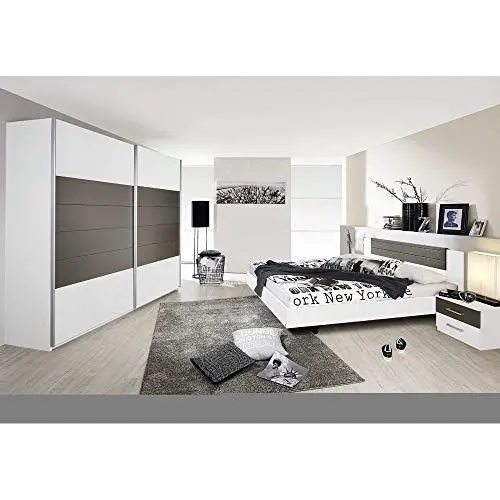 Produktbild: Rauch Möbel Schlafzimmer, Weiß / Lavagrau, bestehend aus Bett mit Liegefläche 160x200 cm inklusive 2 Nachttische und Schwebetürenschrank BxHxT 226x210x62 cm
