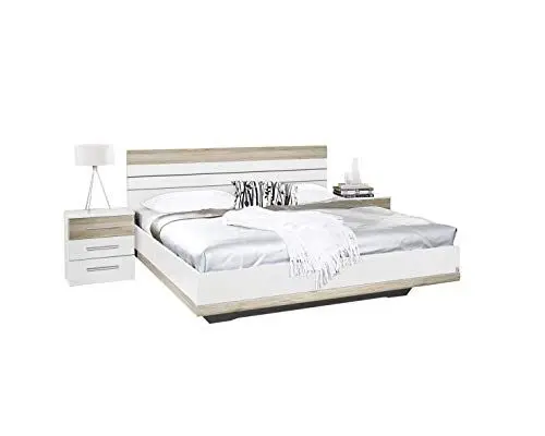 Produktbild: Rauch Möbel Tarragona Bett Futonbett inkluisve 2 Nachttische in Weiß und Eiche Sanremo hell Liegefläche 180x200 cm Gesamtmaße Bett inklusive Nachttische: BxHxT 289 x 102 x 207 cm
