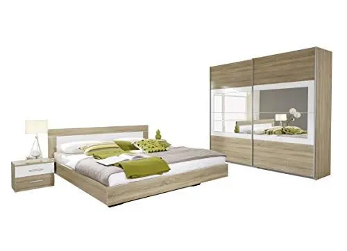 Produktbild: Rauch Möbel Venlo Schlafzimmer, Eiche Sonoma / Weiß, bestehend aus Bett mit Liegefläche 160x200 cm inkl. 2 Nachttische und Schwebetürenschrank BxHxT 226x210x62 cm