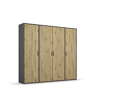 Produktbild: Rauch Möbel Voyager Schrank Kleiderschrank Drehtürenschrank, Eiche Artisan/Grau metallic, Holz, Schwarz, 4-türig, inkl. 1 Kleiderstange, 7 Einlegeböden BxHxT 187x194x53 cm