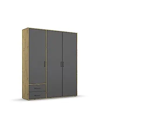 Produktbild: Rauch Möbel Voyager Schrank Kleiderschrank Drehtürenschrank, Grau metallic/Eiche Artisan, Holz, Schwarz, 3-türig mit 2 Schubladen, inkl. 1 Kleiderstange, 3 Einlegeböden BxHxT 140x194x53 cm
